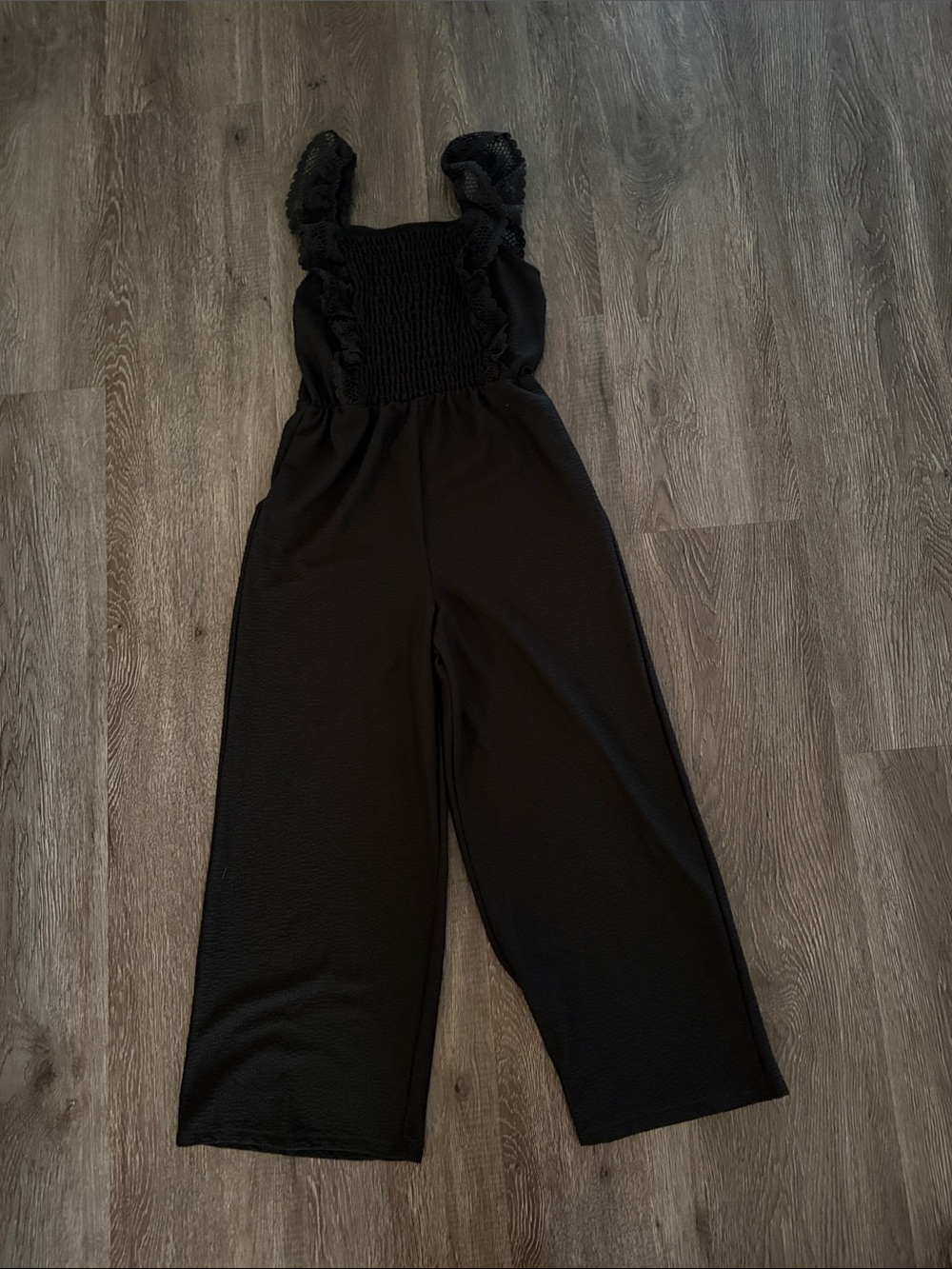 Speechless Black Smocked Ruffle Strap Wide-Leg Jumpsuit